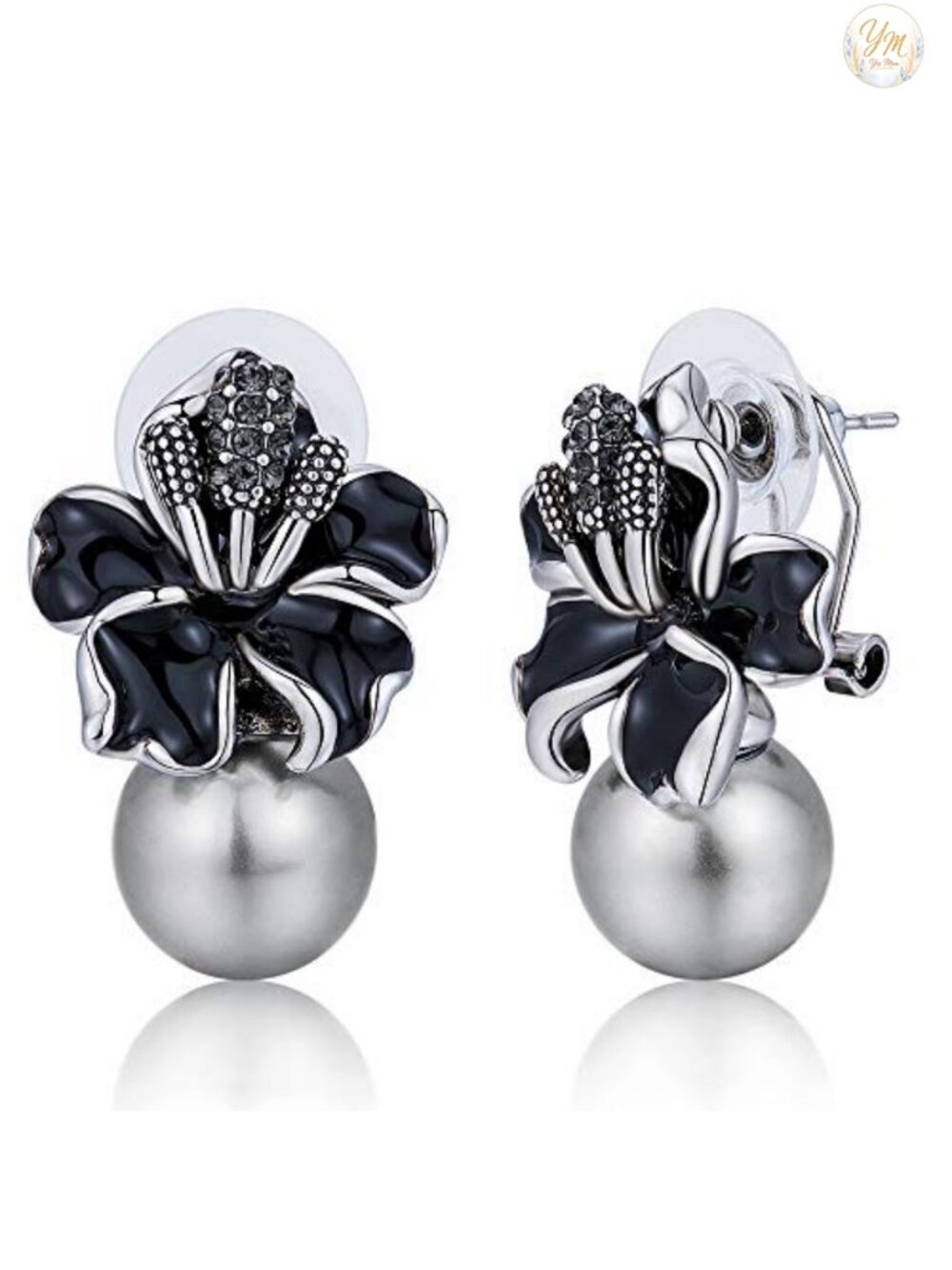 Simulated Pearl Flower Stud Earrings Silver Plated Omega Back